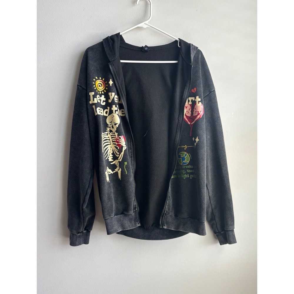 ROMWE Black Graphic Zip Up Hoodie Small
